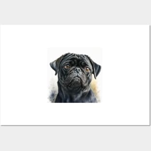 Black Pug Watercolour Style Painting Posters and Art